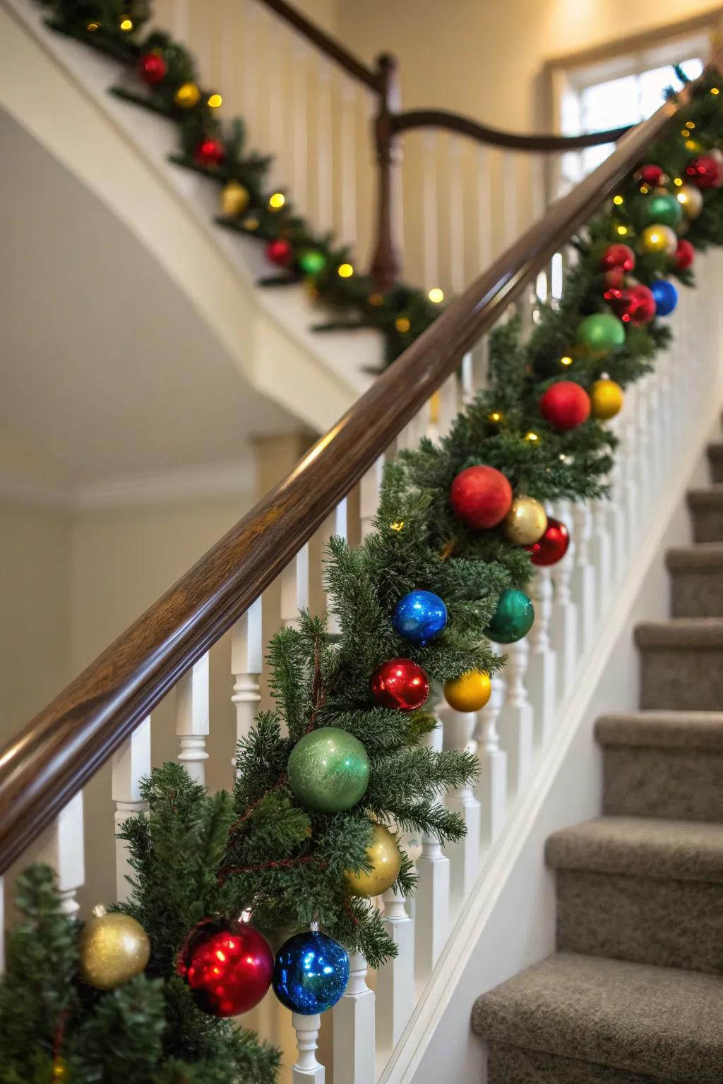 An attention-grabbing decoration chain wrapped around a stair railing.