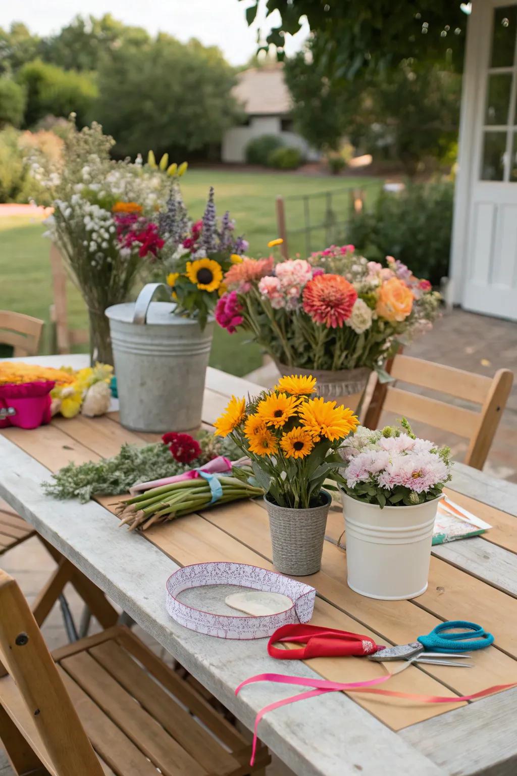 A DIY bloom center where guests can craft their own arrangements.