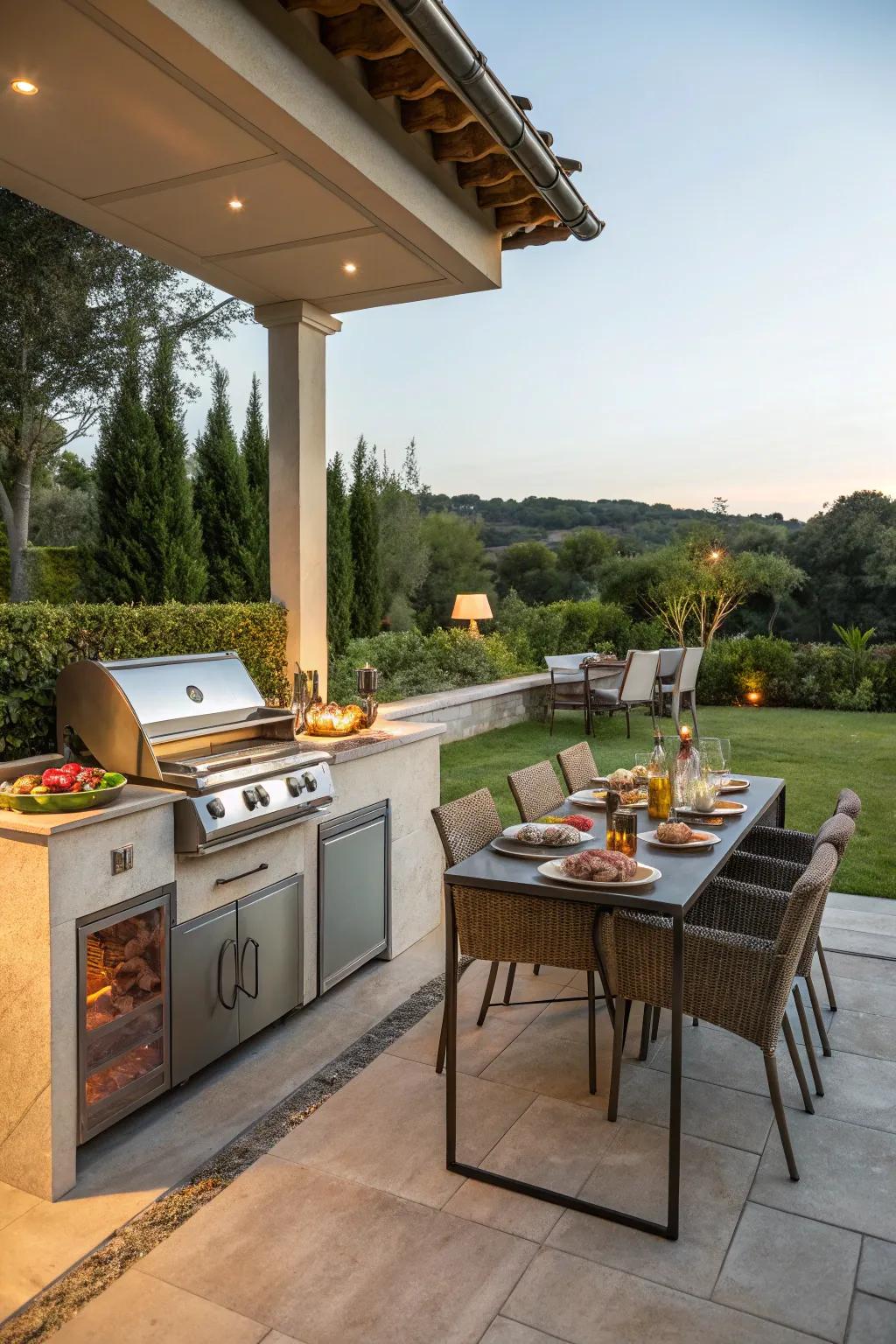 A fully equipped outdoor cooking area adjacent to a dining space.