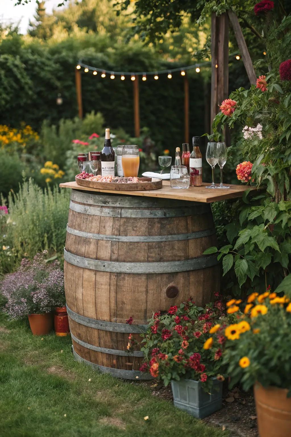 A wine cask bar serves as a rustic centerpiece.