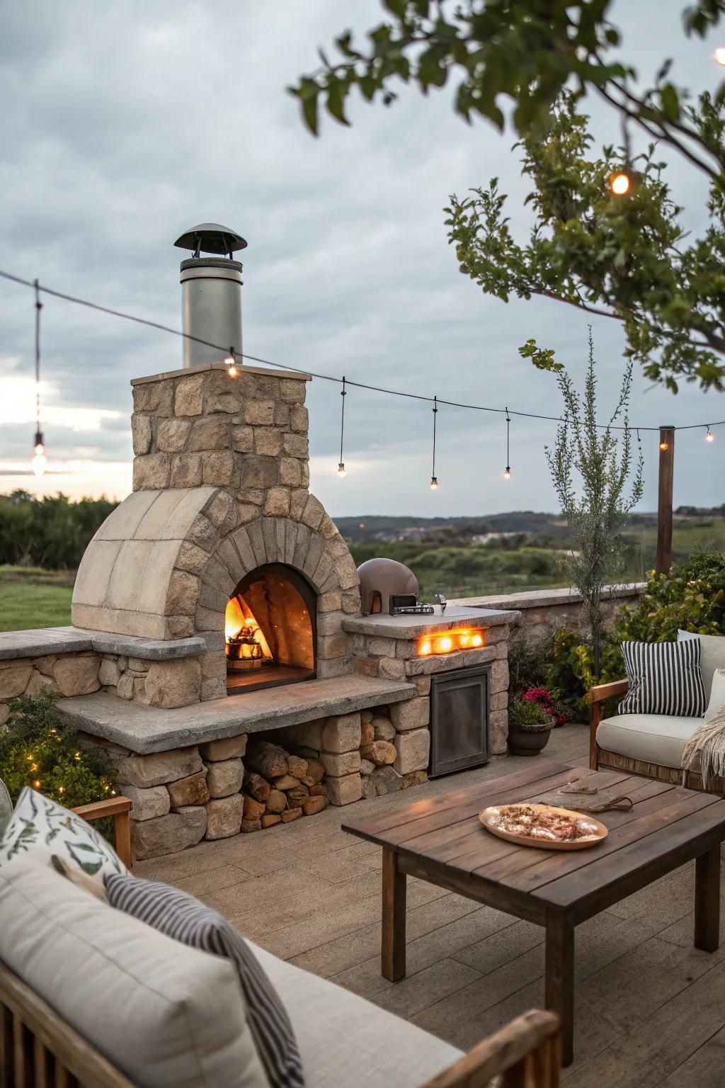 Relish tasty homemade pizzas using a fireplace pizza oven combination.