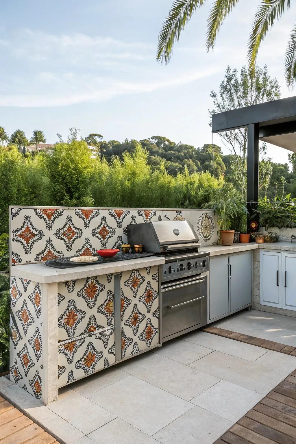 Patterned cement tiles add strong and unexpected flair to outdoor cooking areas.