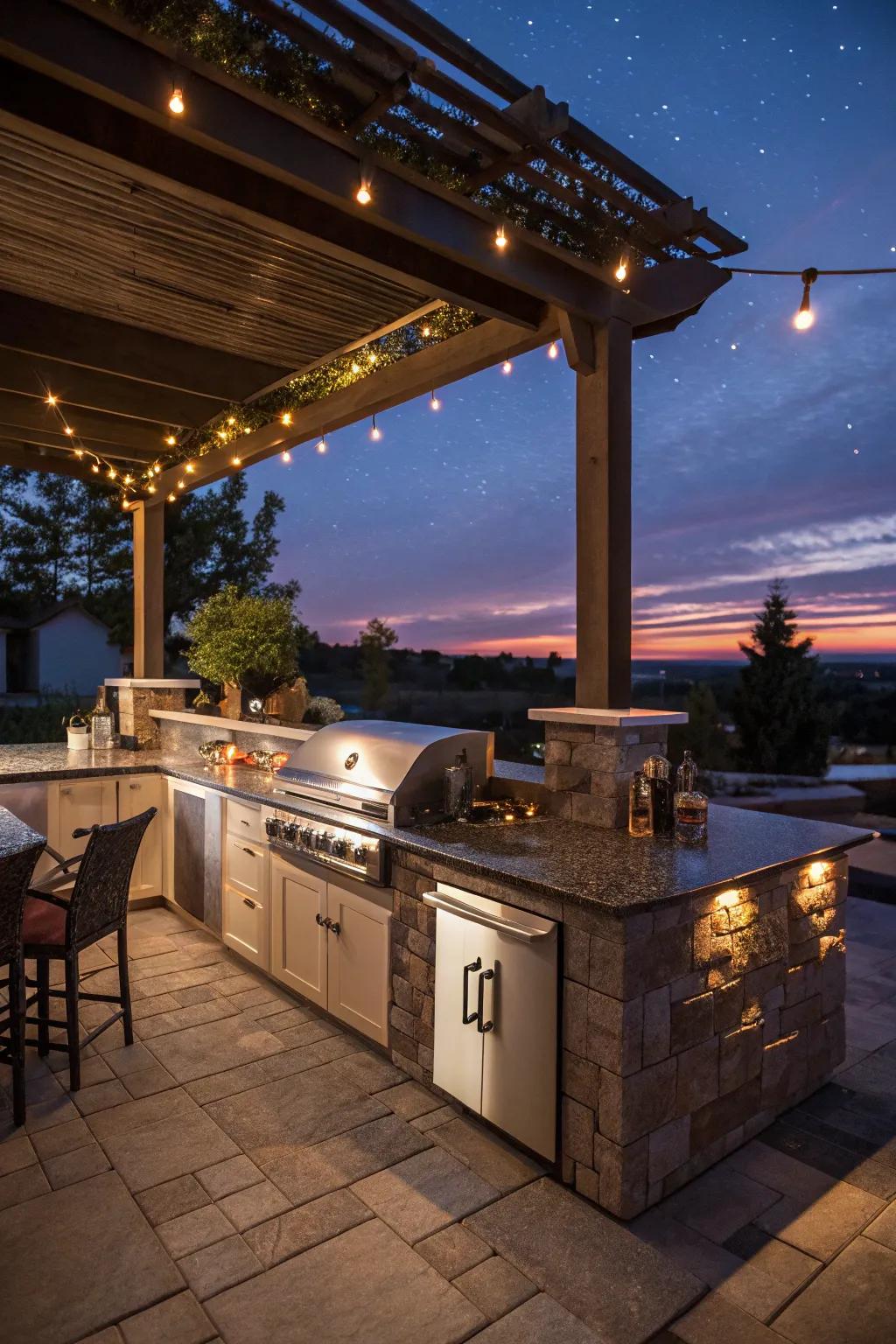A beautifully lit outdoor cooking island that shines with ambient lighting at dusk.