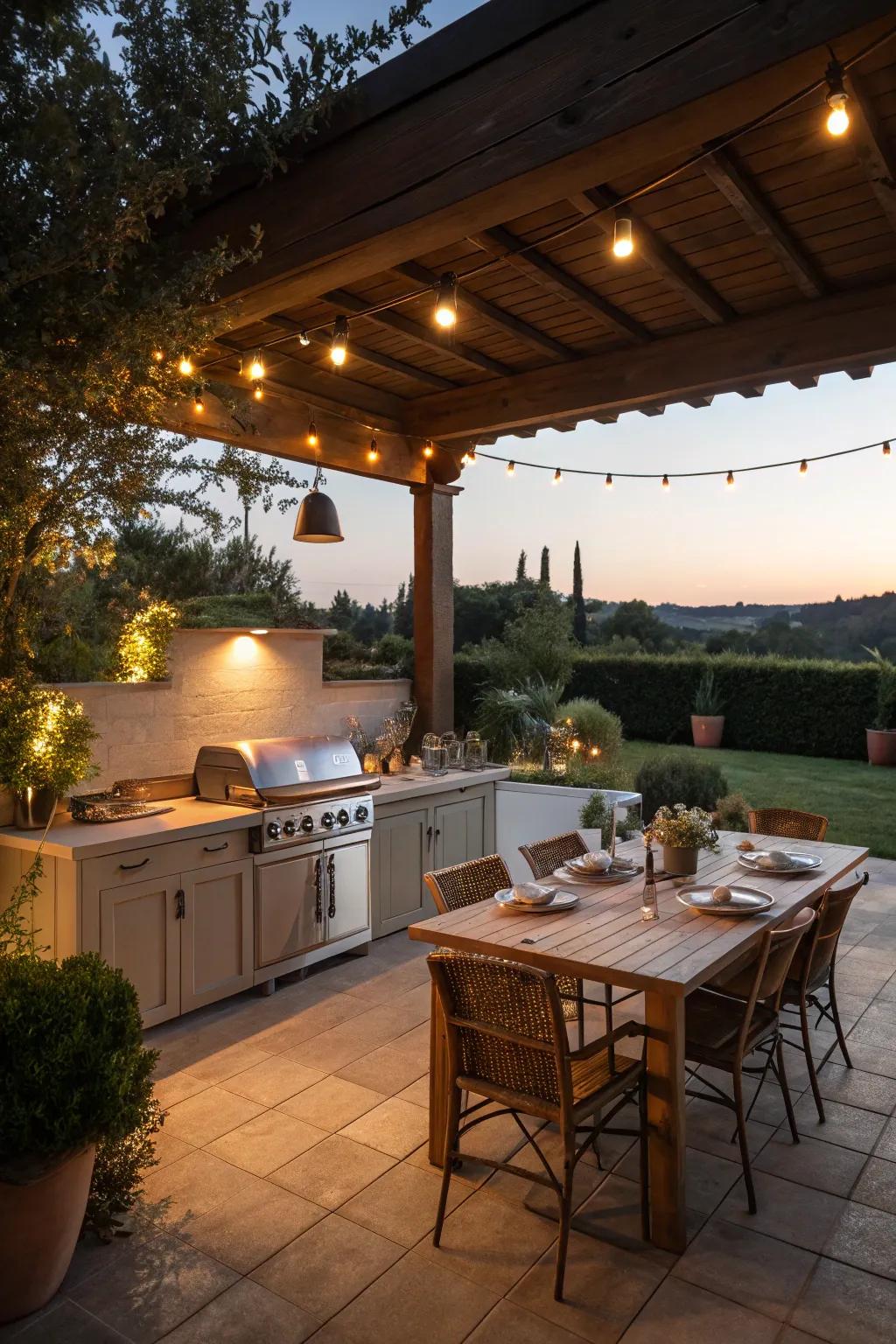 Cozy illumination alters seating zones into appealing spaces.