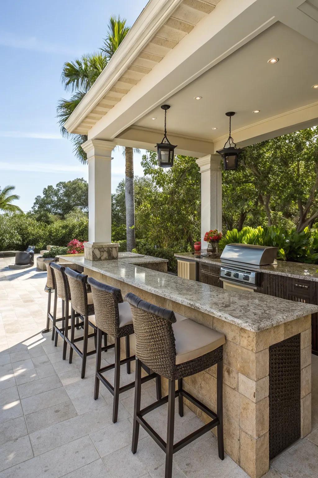 A sophisticated outdoor kitchen counter with stone surfaces.