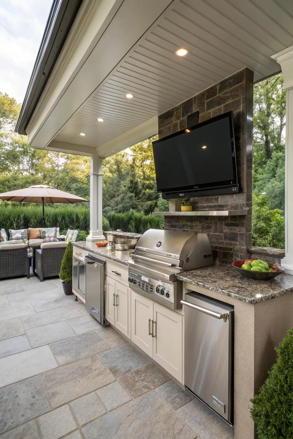A retractable TV provides versatility and protection, keeping your outdoor area adaptable.