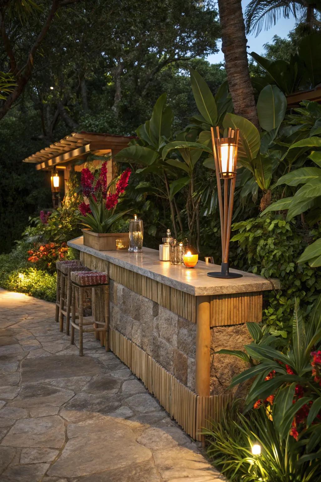 A tropical island-style stone bar for festive occasions.