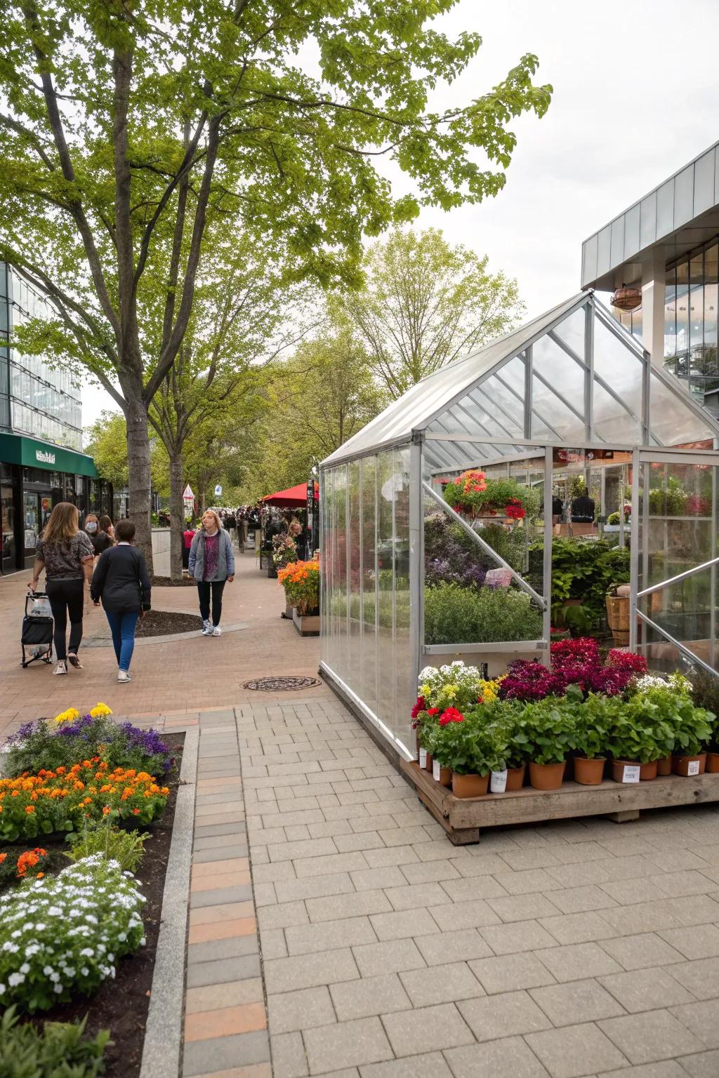 Pop-up greenhouse for fresh and dynamic seasonal displays.