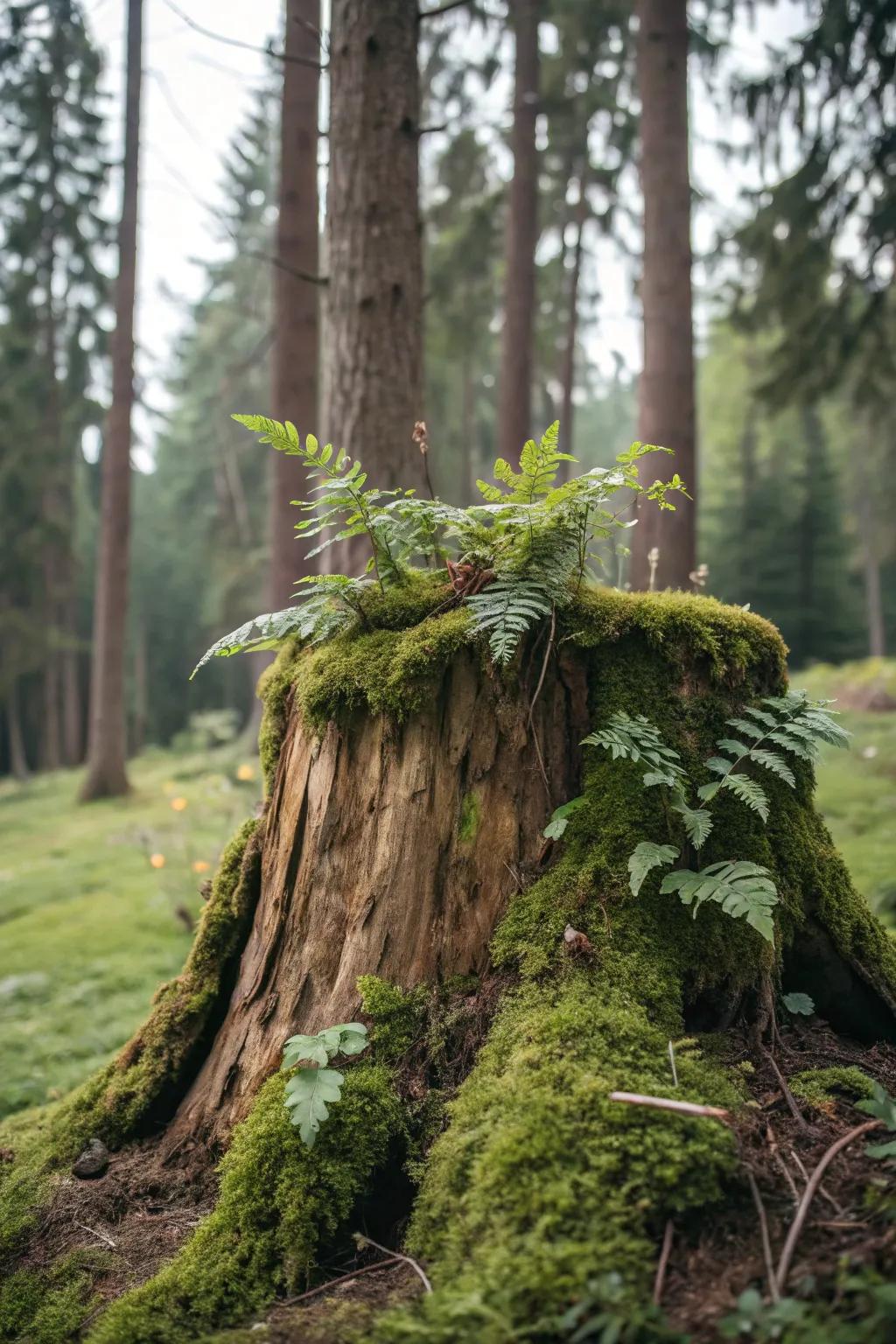Moss and ferns create a serene, woodland-inspired feature on a tree stump.