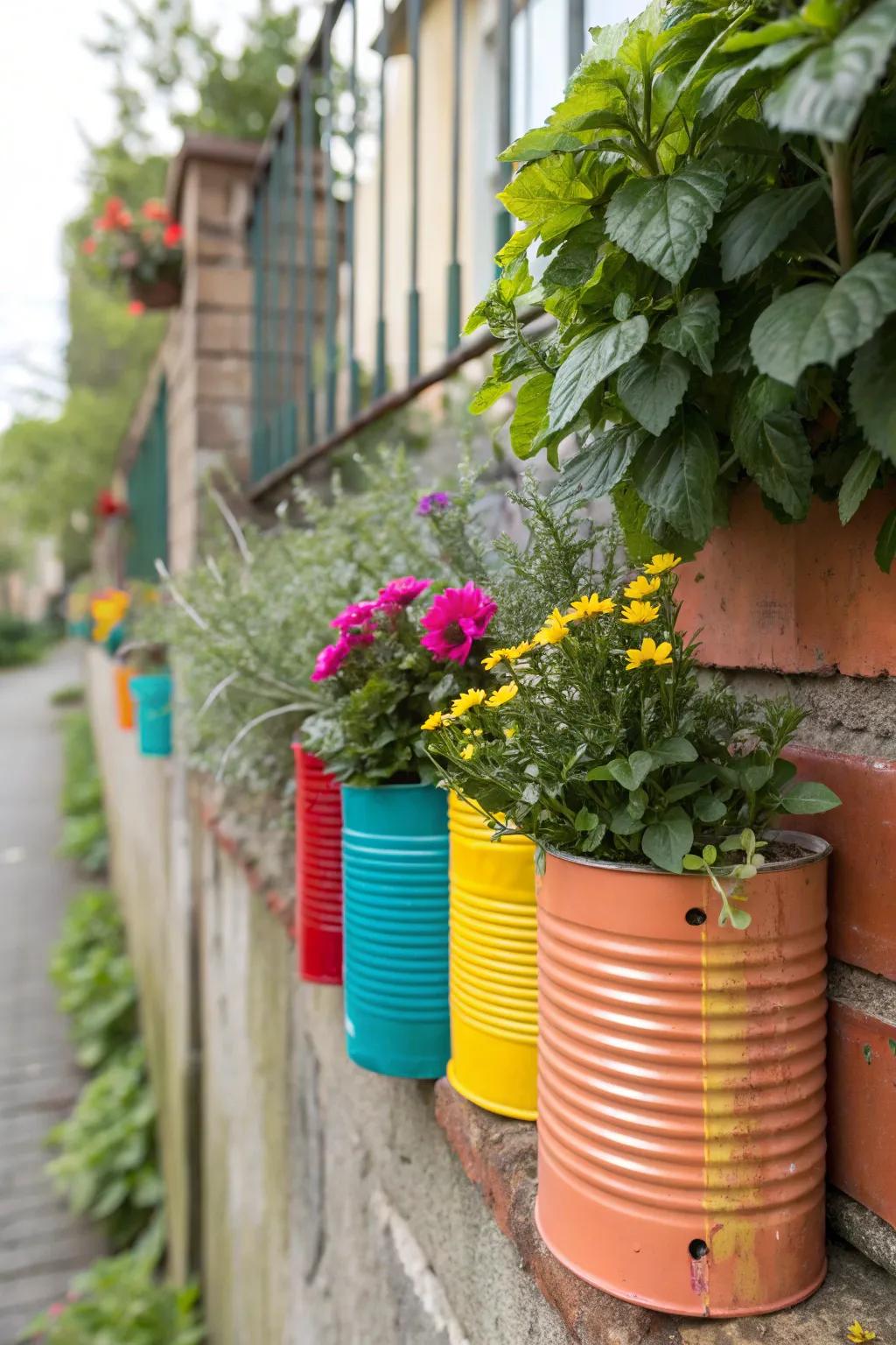 Show your creative side with repurposed tin can planters.