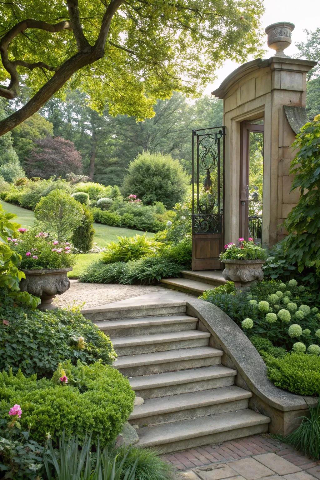 Natural beauty as foliage enhances these steps.