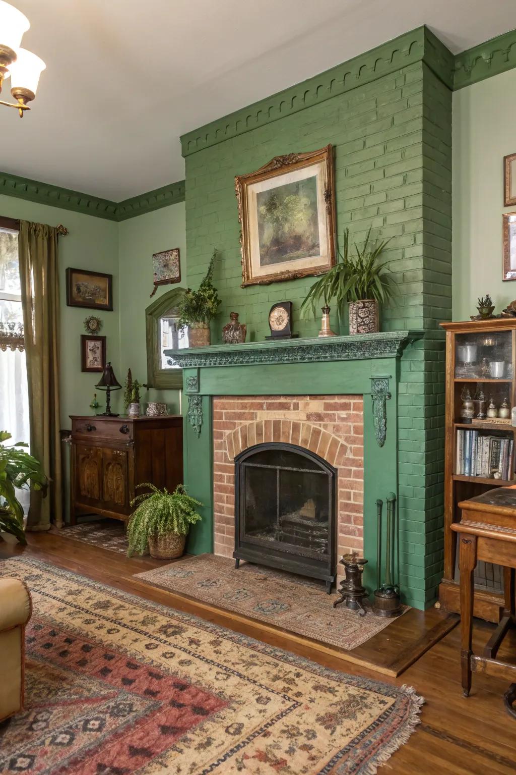 A green fireplace evokes vintage charm.