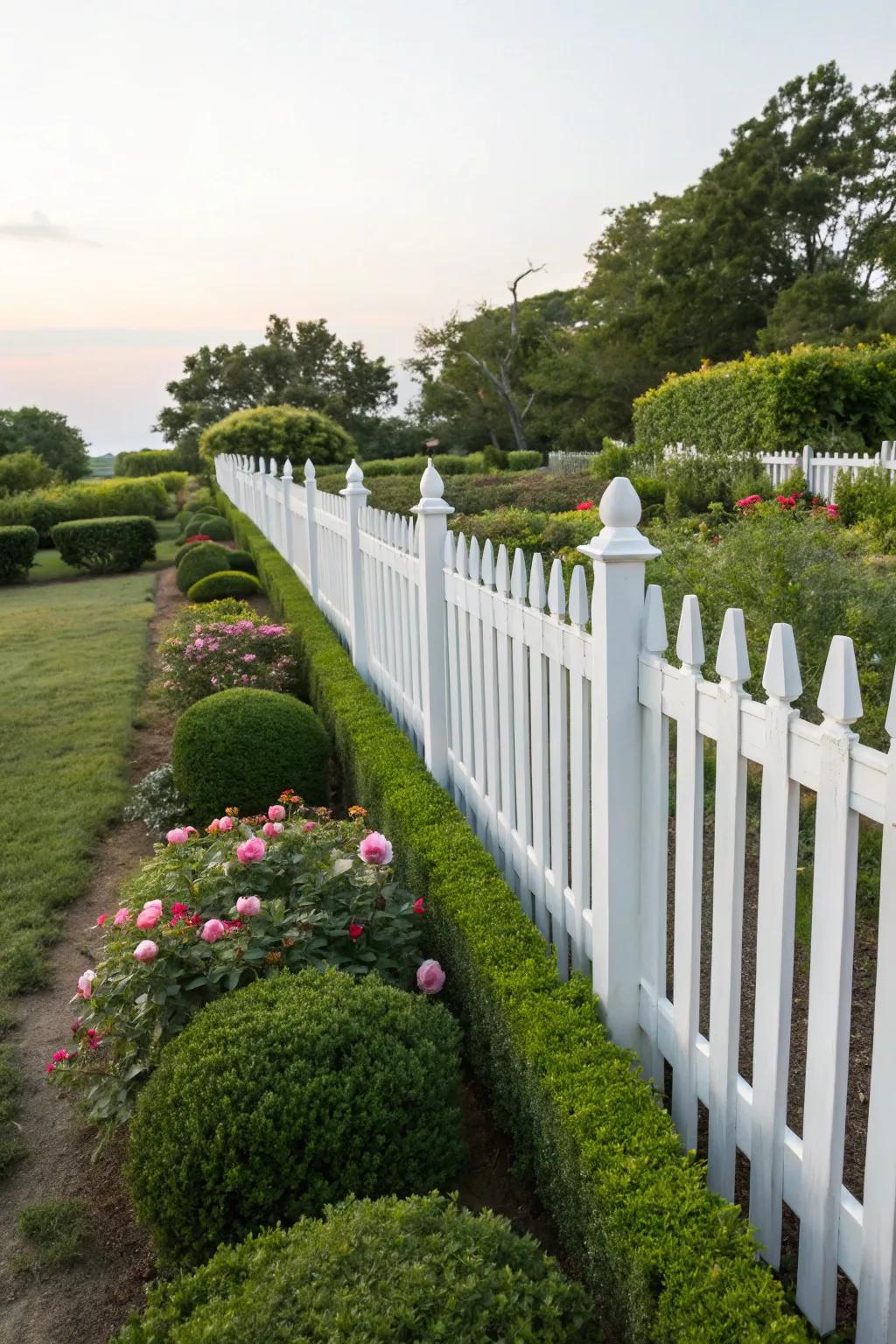 An ageless white picket fence enhancing the garden's elegance.