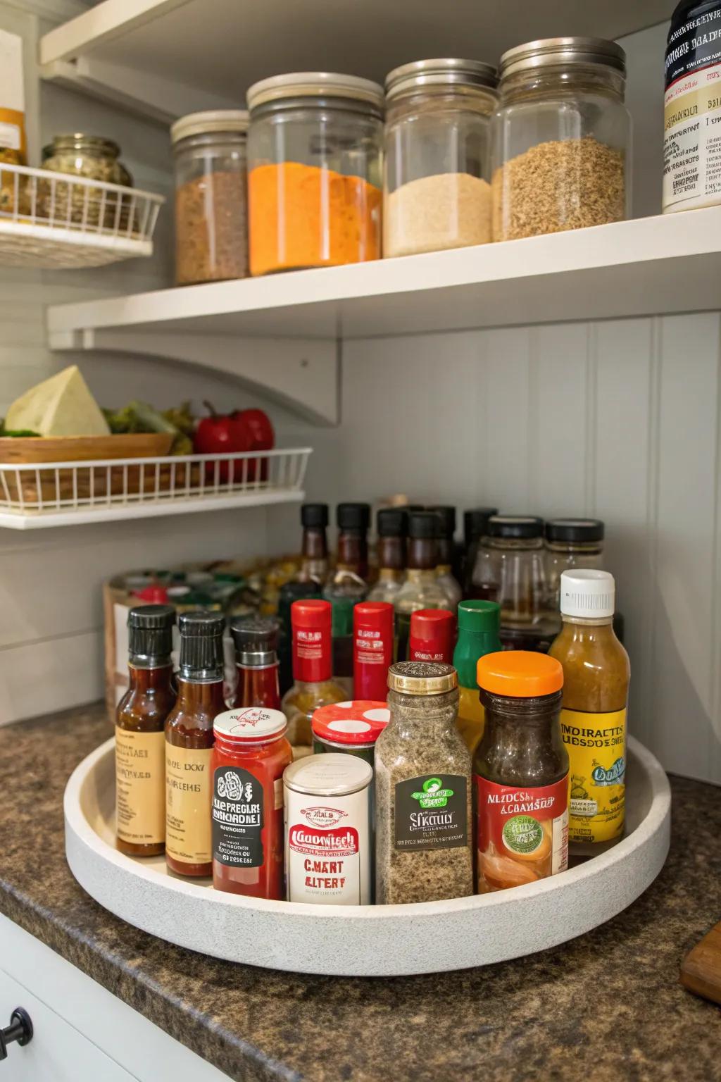 A pantry corner featuring a Lazy Susan for optimal storage.