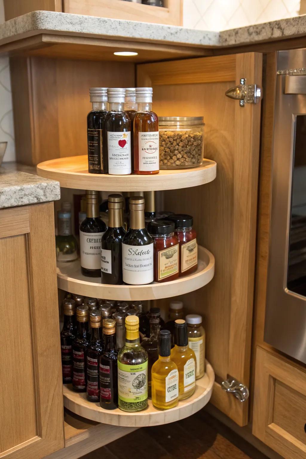 Lazy Susans in pantry corners optimize space and make items more accessible.