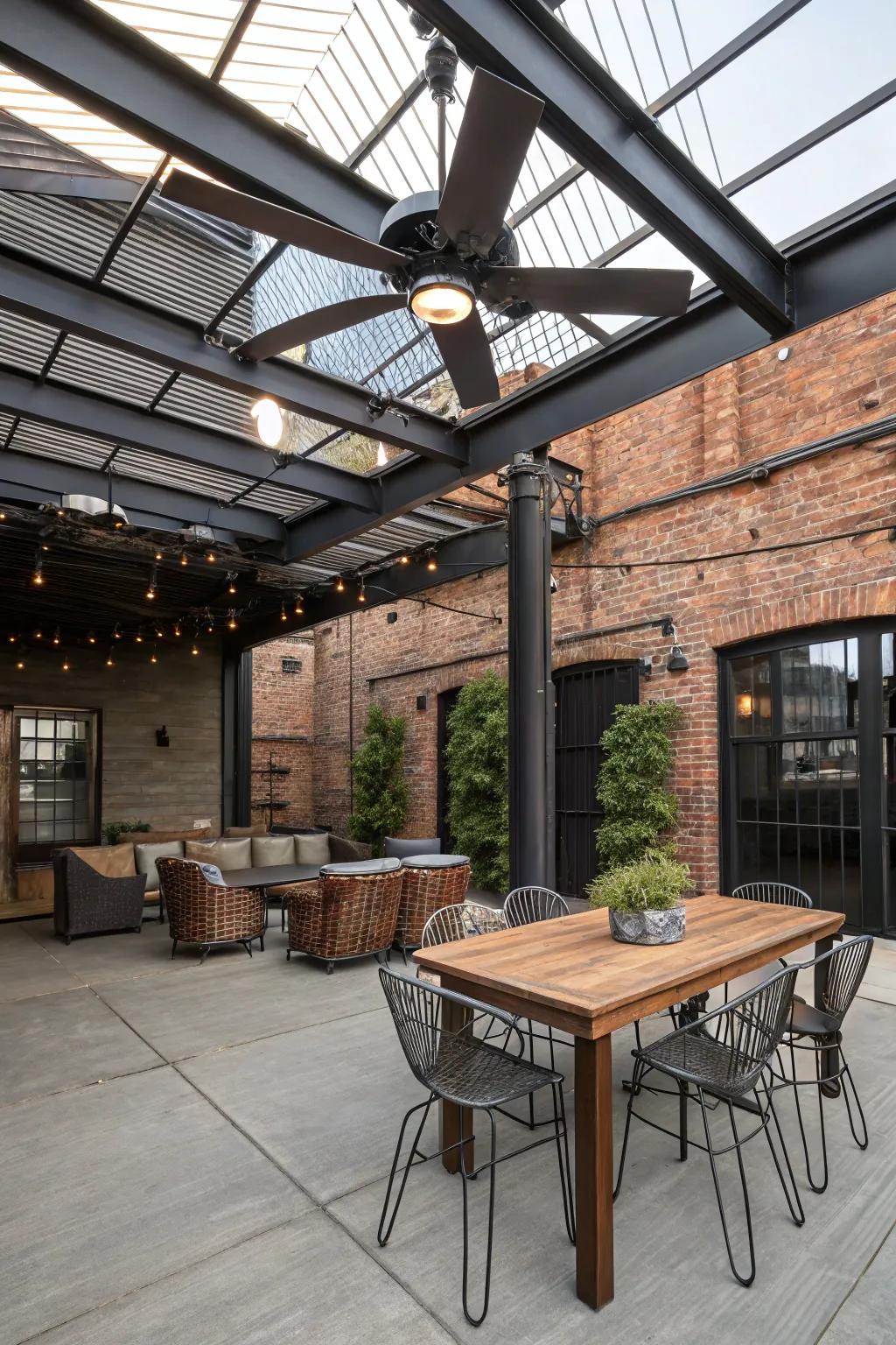 An industrial-themed deck featuring a metal-finished ceiling fan.