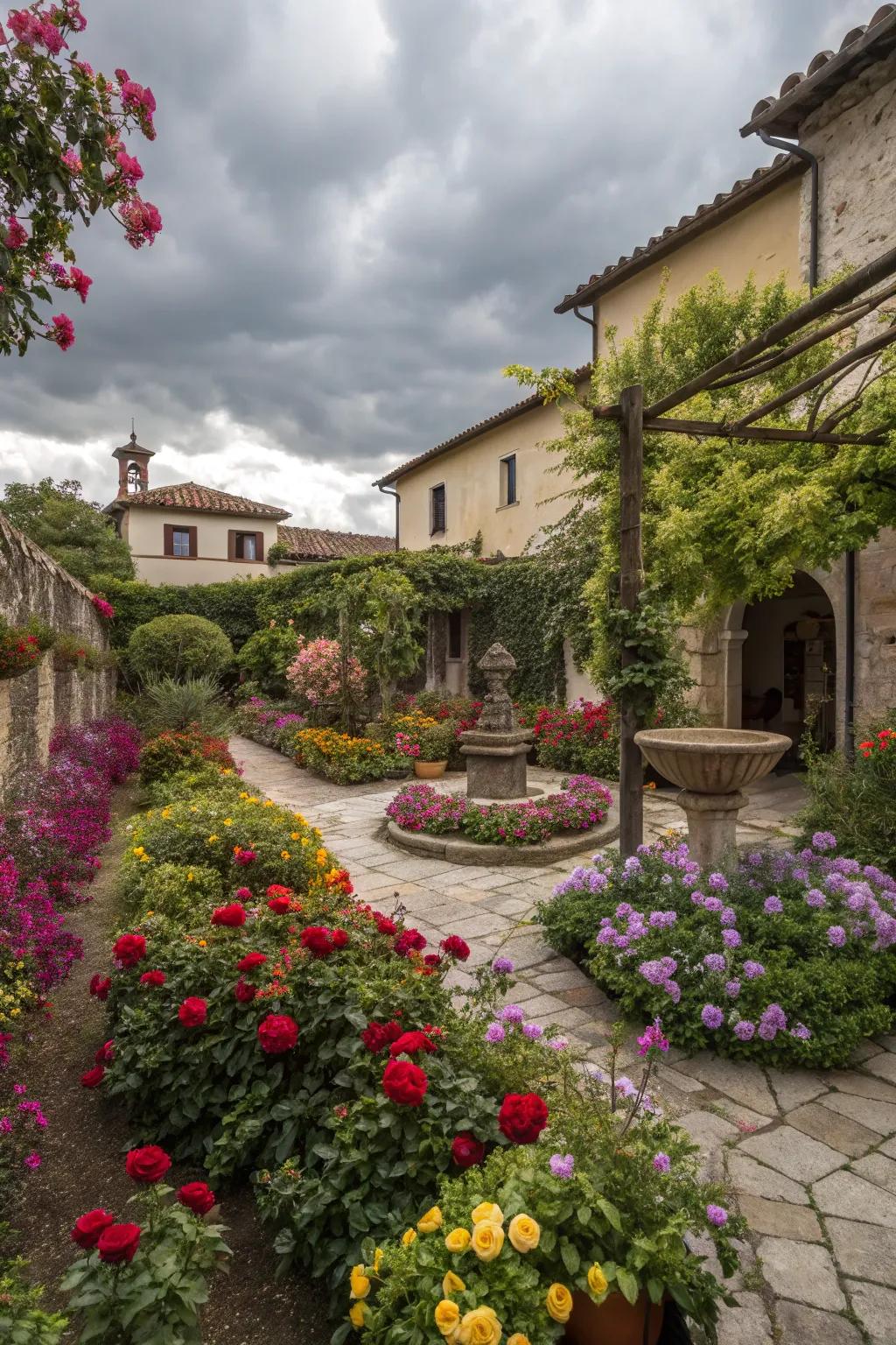 This charming Italian garden is brightened up by its colorful flowers.
