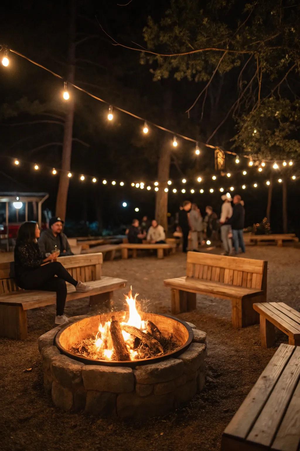 Twinkle lights enhance the fire pit experience.