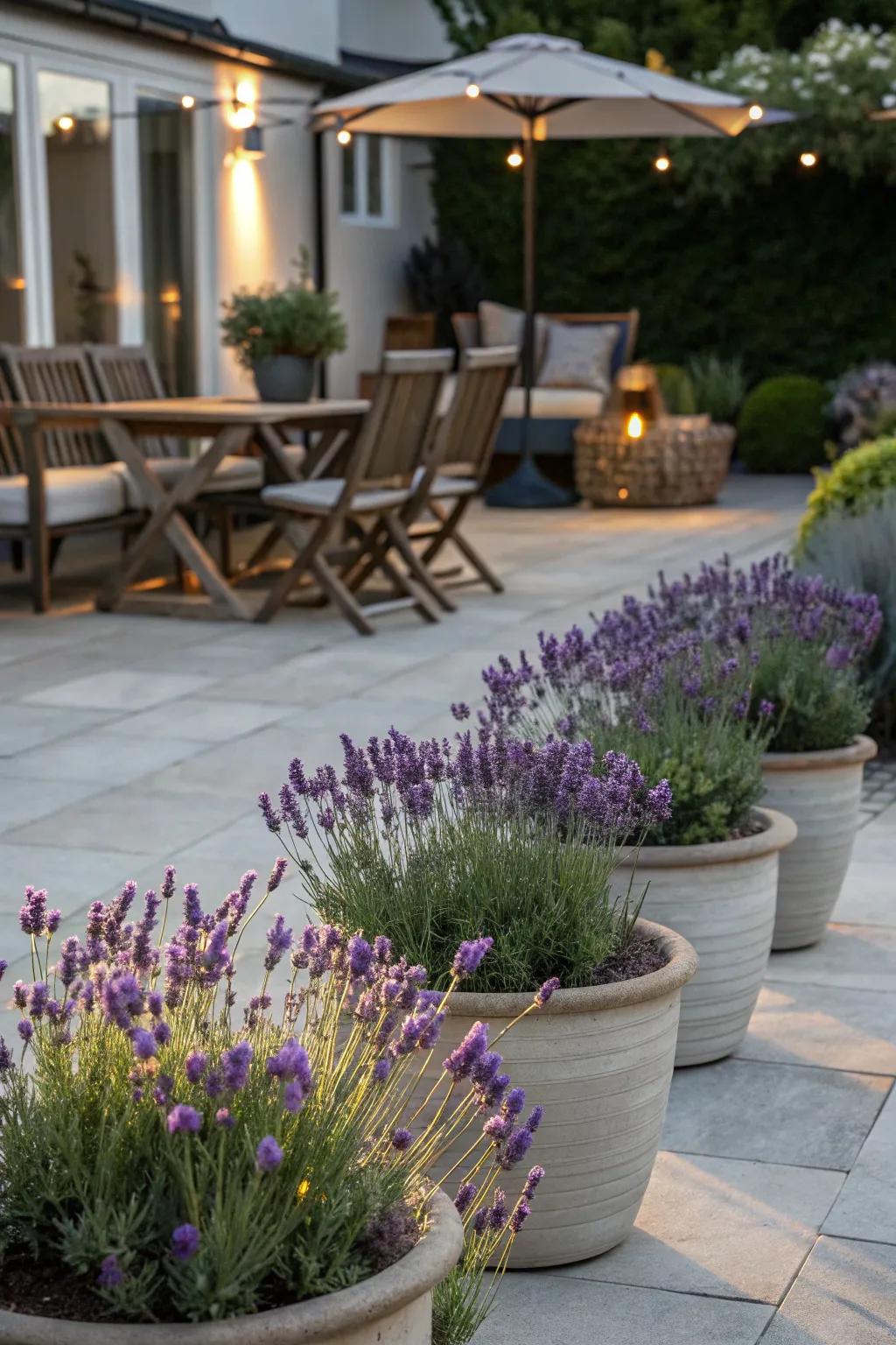 Enjoy a scented patio with blossoming purple lavender.