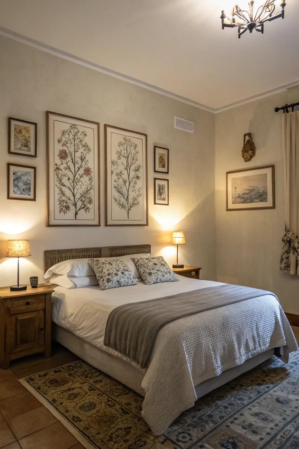 A bedroom with carefully chosen artwork that enhances its tranquil atmosphere.