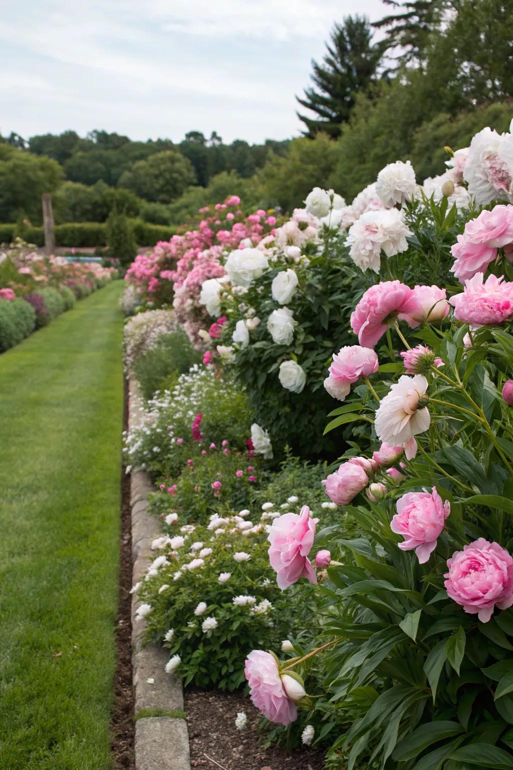 Peonies used in borders to beautifully frame the garden.