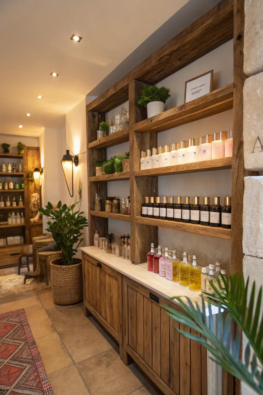 Rustic wooden shelves offering a warm, inviting display for your perfumes.