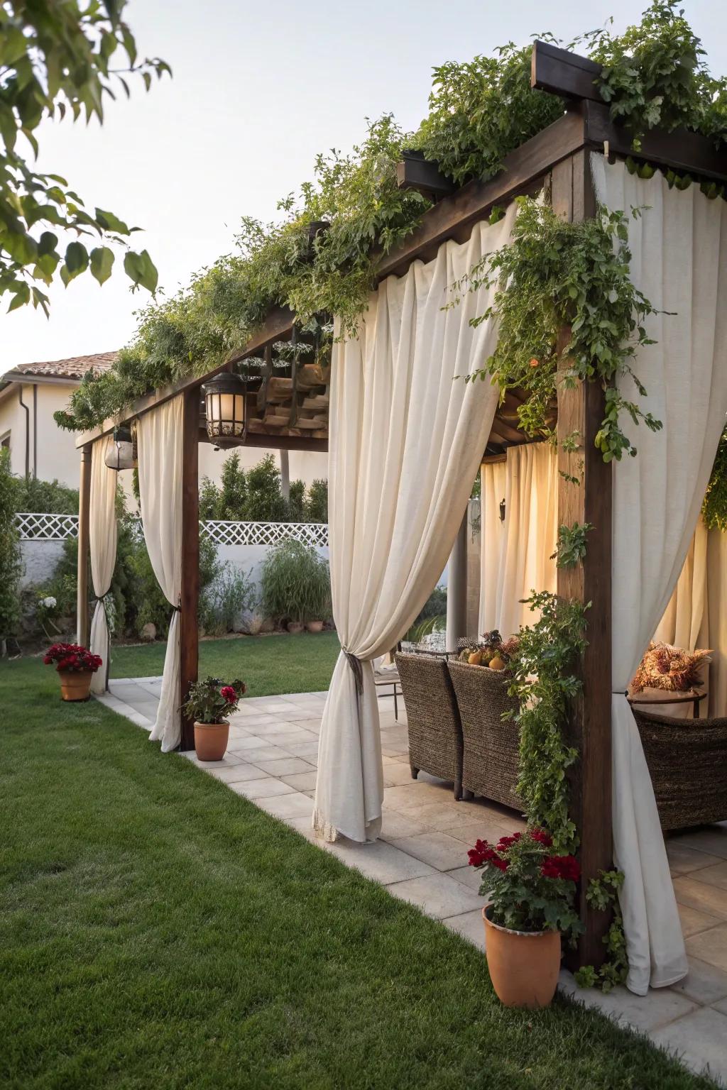 Outdoor drapes provide adaptable shade and seclusion.