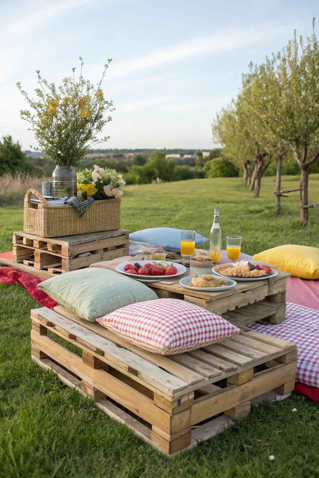 Pallets give an original and countryside part to picnic seating.