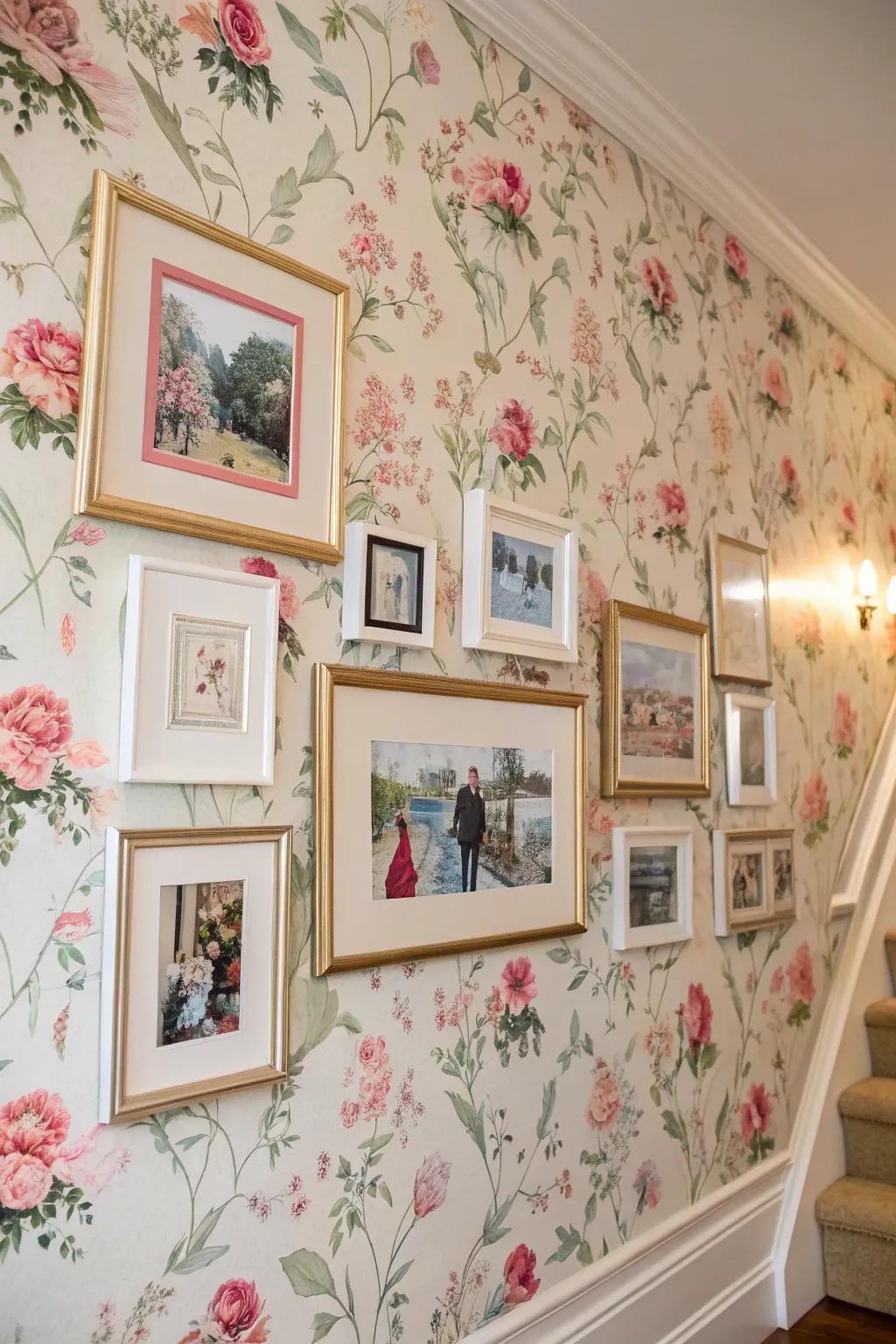 Patterned wallpaper adding an unexpected layer to frames.