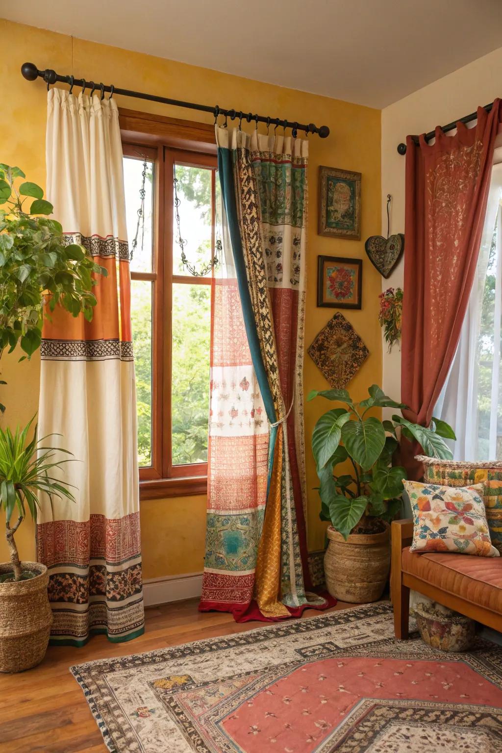 Eclectic and colorful bohemian curtains adorning a picture window for a unique look.