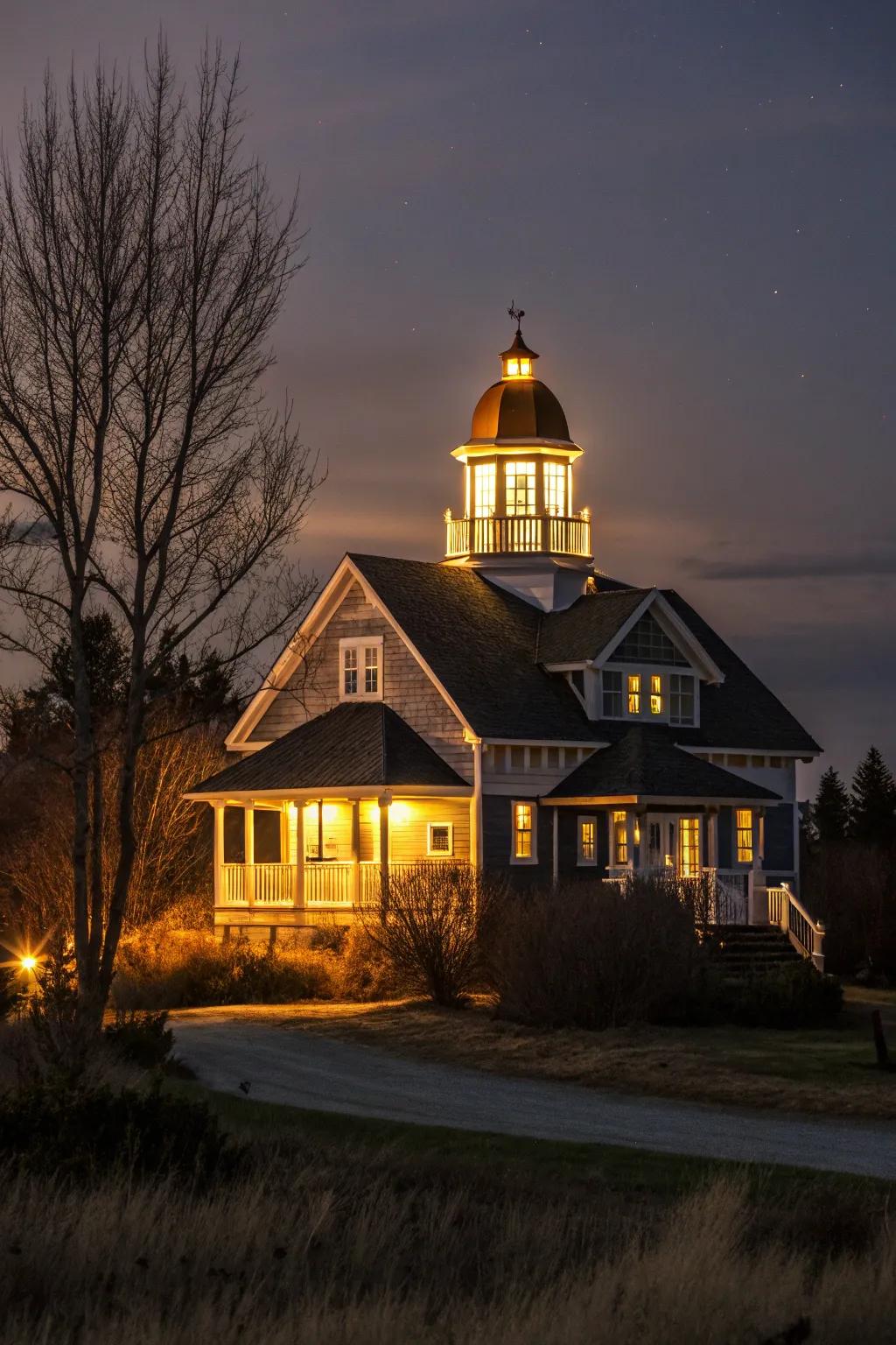A house with an illuminated cupola, creating a stunning nighttime ambiance.