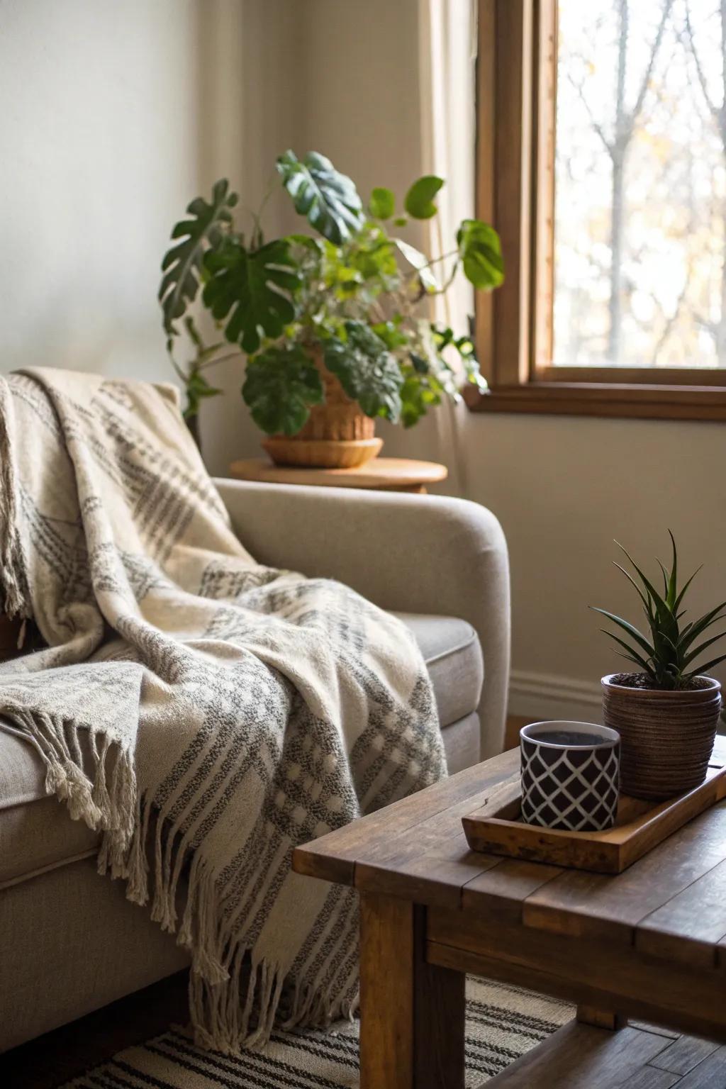 A throw accentuated with organic elements, including a potted plant and wooden decor.