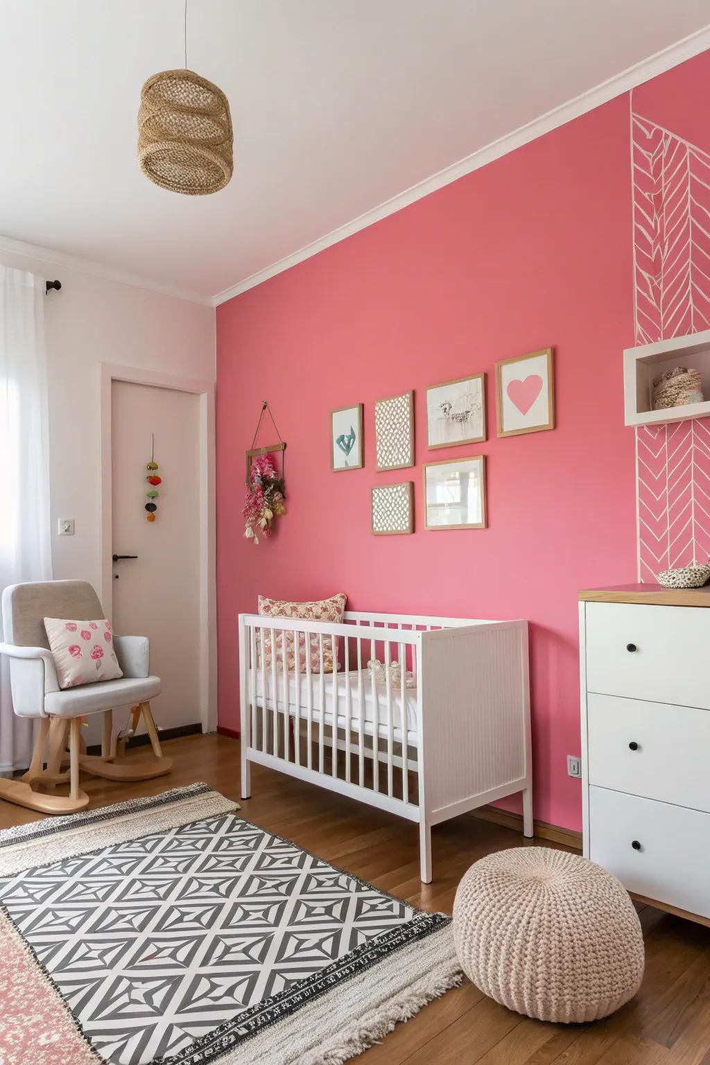 A minimalist nursery where a vibrant pink wall creates a striking visual.