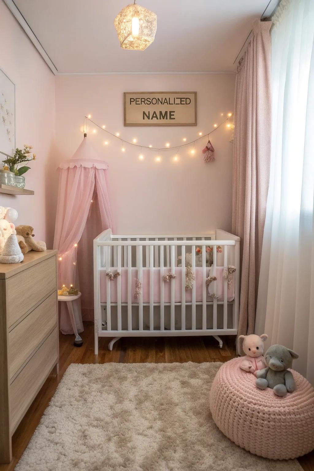 A personalized name sign gives the nursery a unique element.