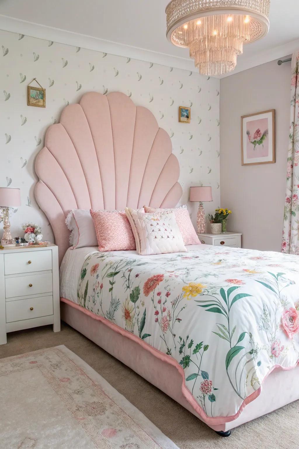 A playful and whimsical bedroom with a scalloped pink headboard.