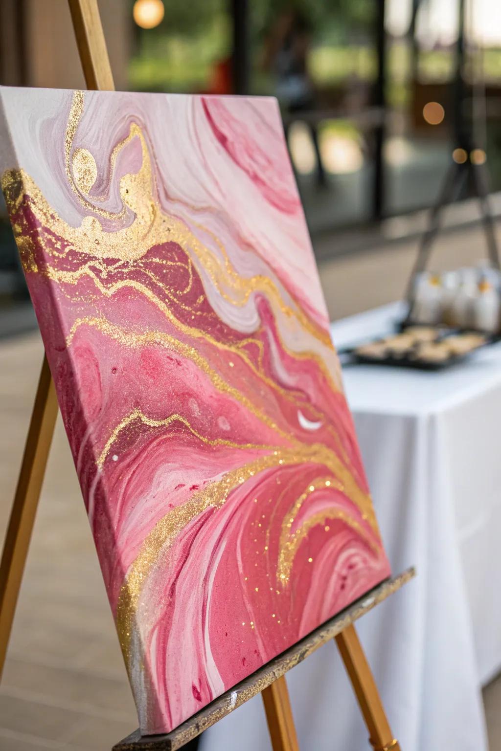 An elegant painting featuring gold and pink highlights.