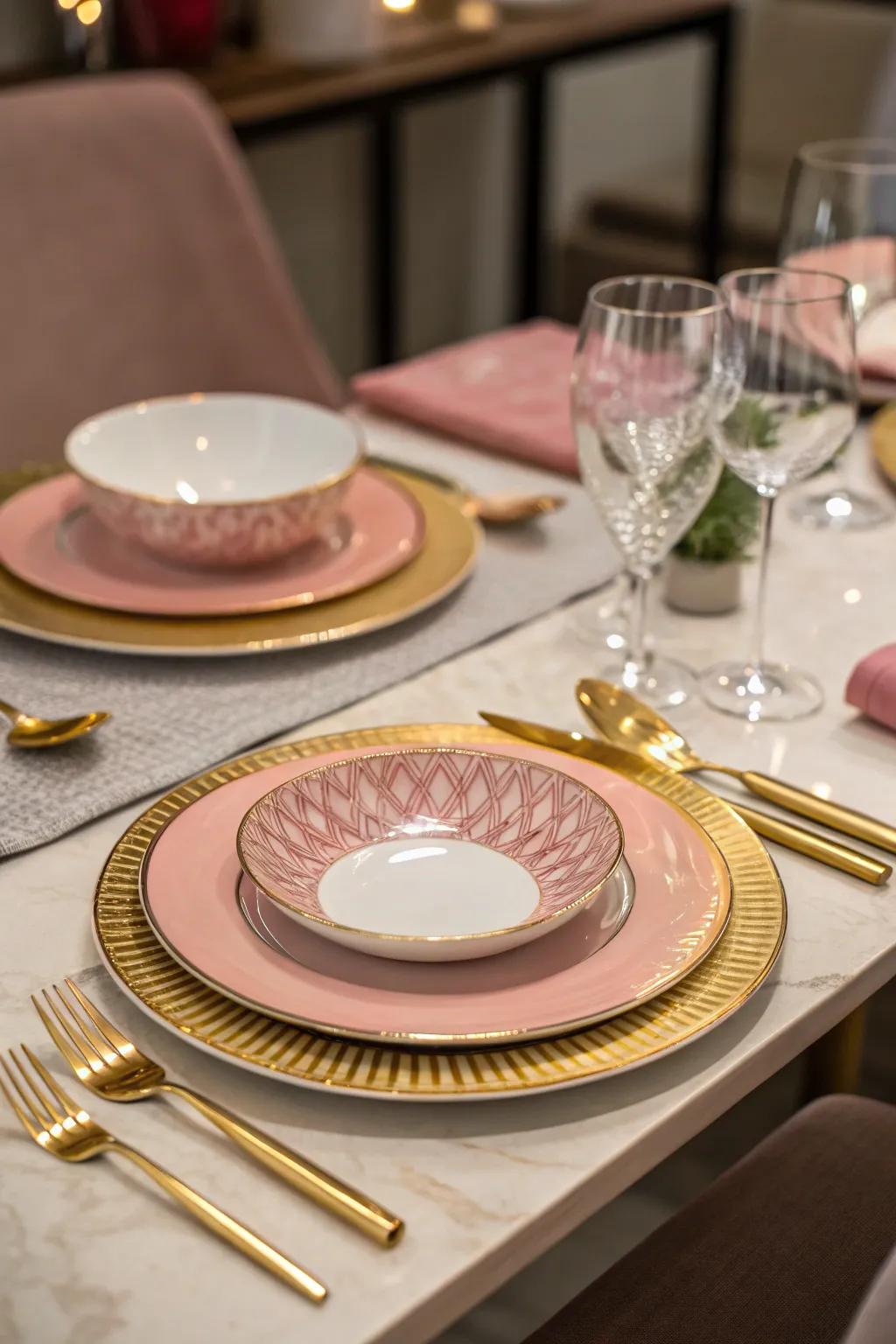 Elegant tableware in pink and gold contributes a touch of class to the party.