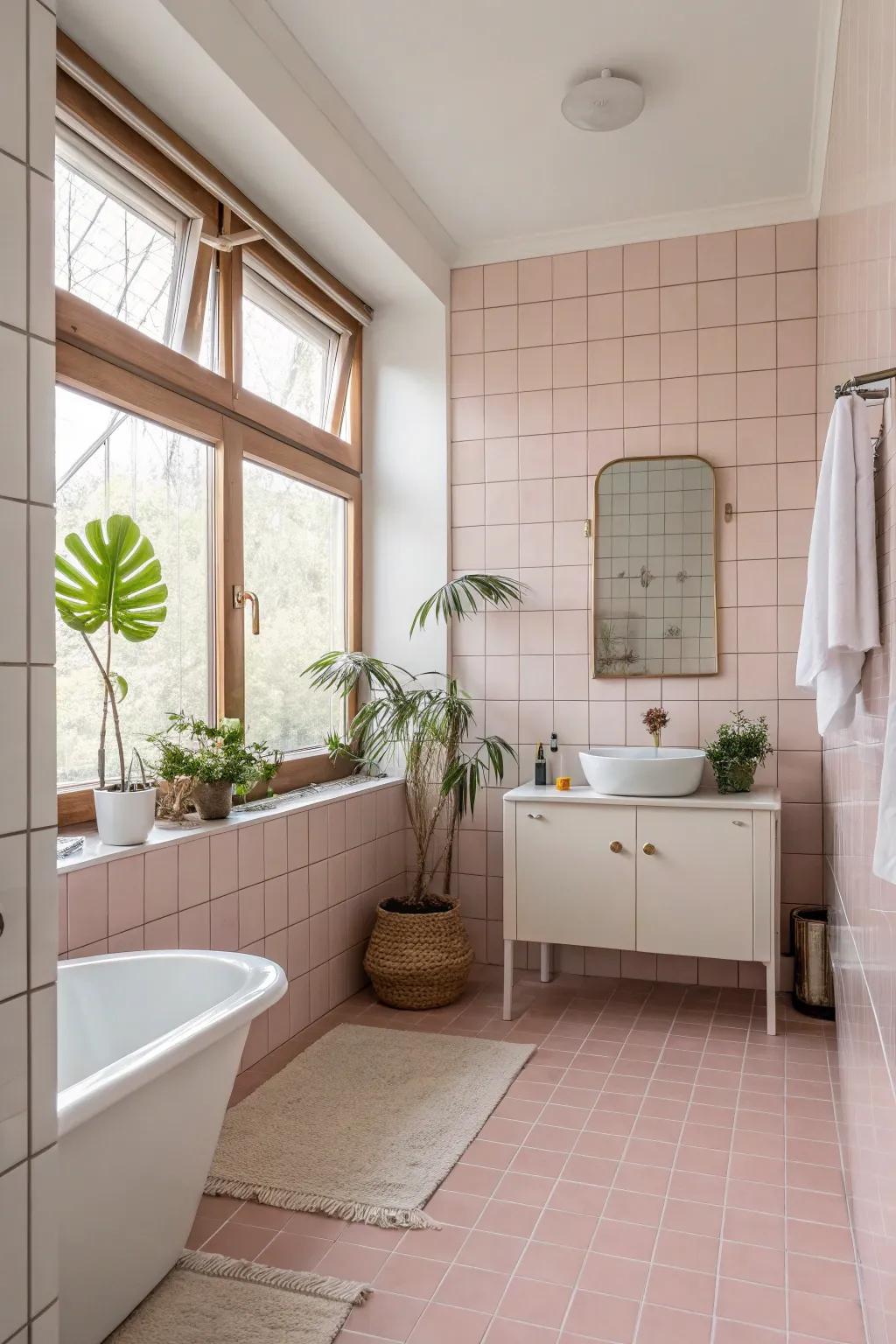 A serene, spa-inspired bathroom featuring soft rose-tinted tiles.