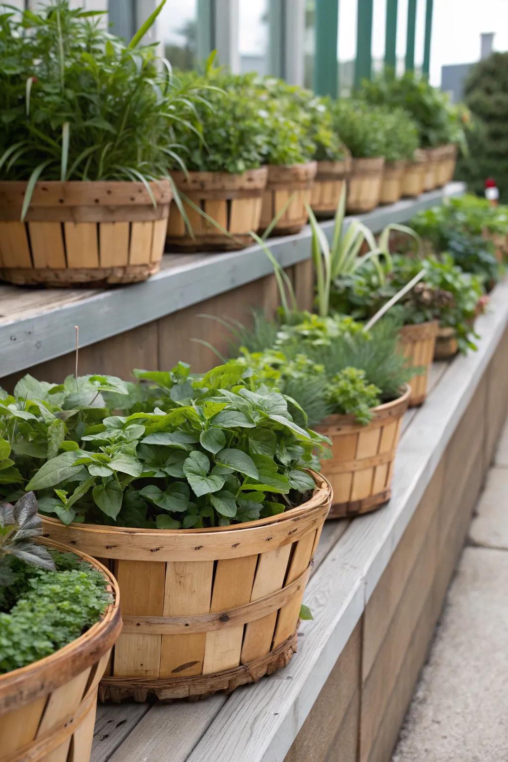 Wooden and woven receptacles insert warmth and texture into this greenery ledge.