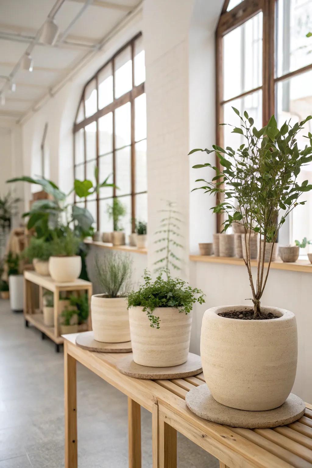 Achieve an airy atmosphere with bright plant arrangements.