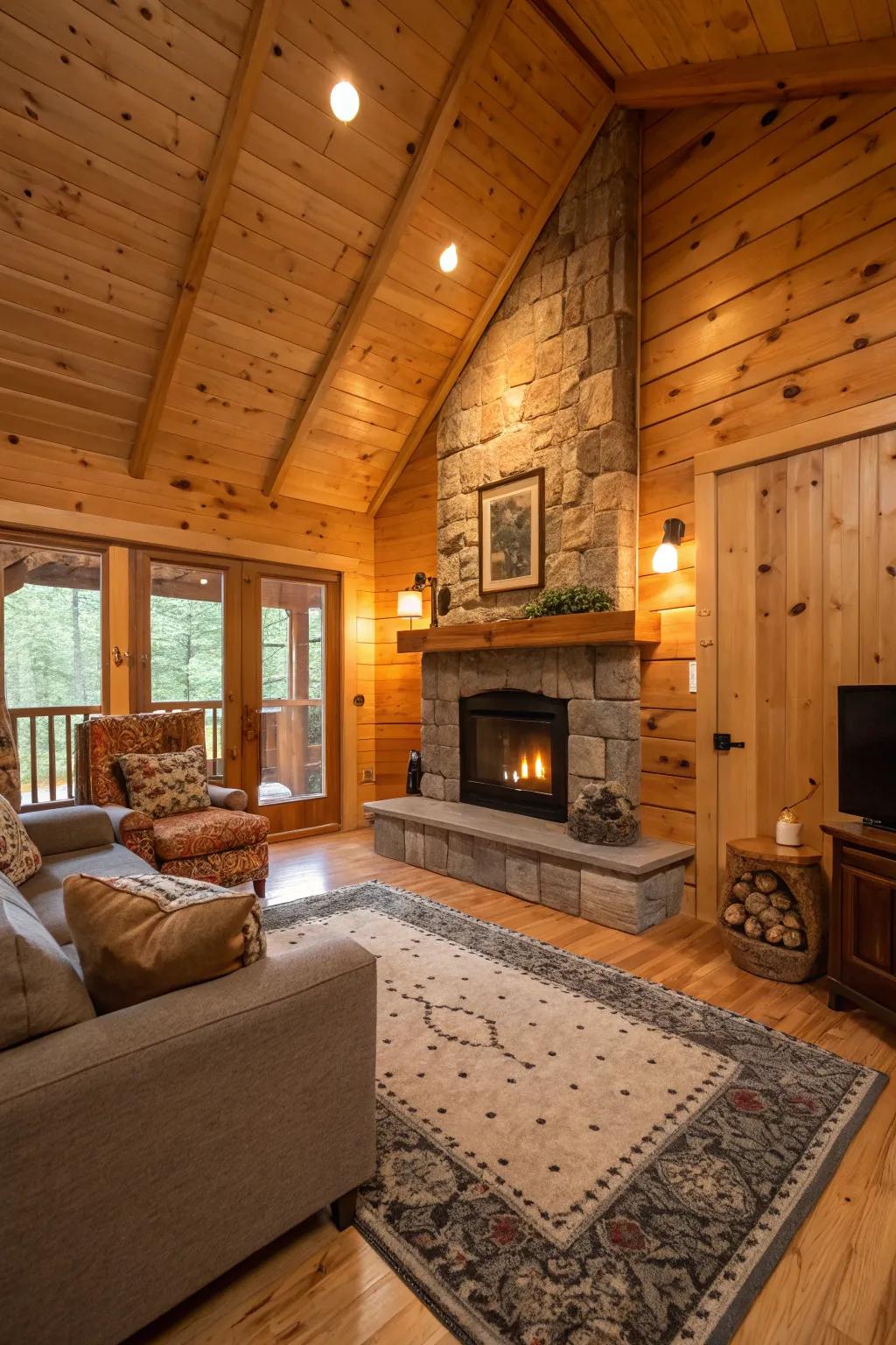 Laminated wood creates a warm, rustic feel in this cozy cabin setting.