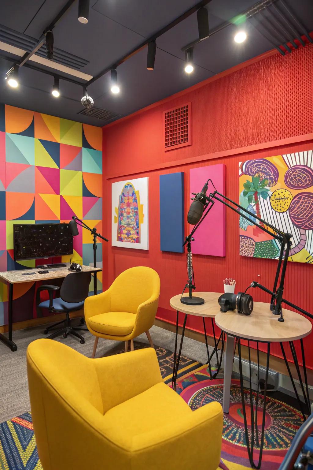A podcast studio energized with vibrant colors.