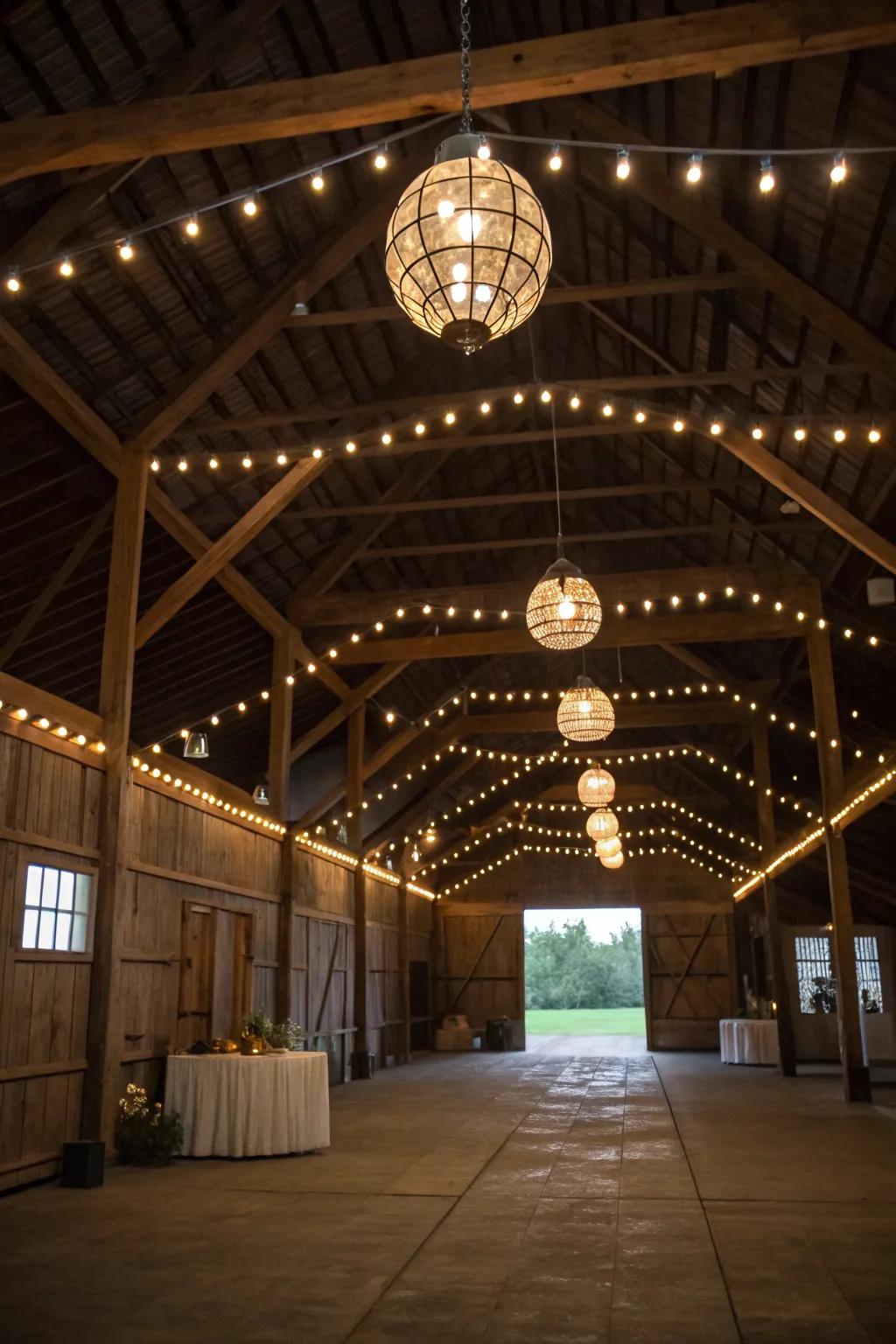 Theatrical lighting within a pole barn utilizing drop fittings and ambient illumination.