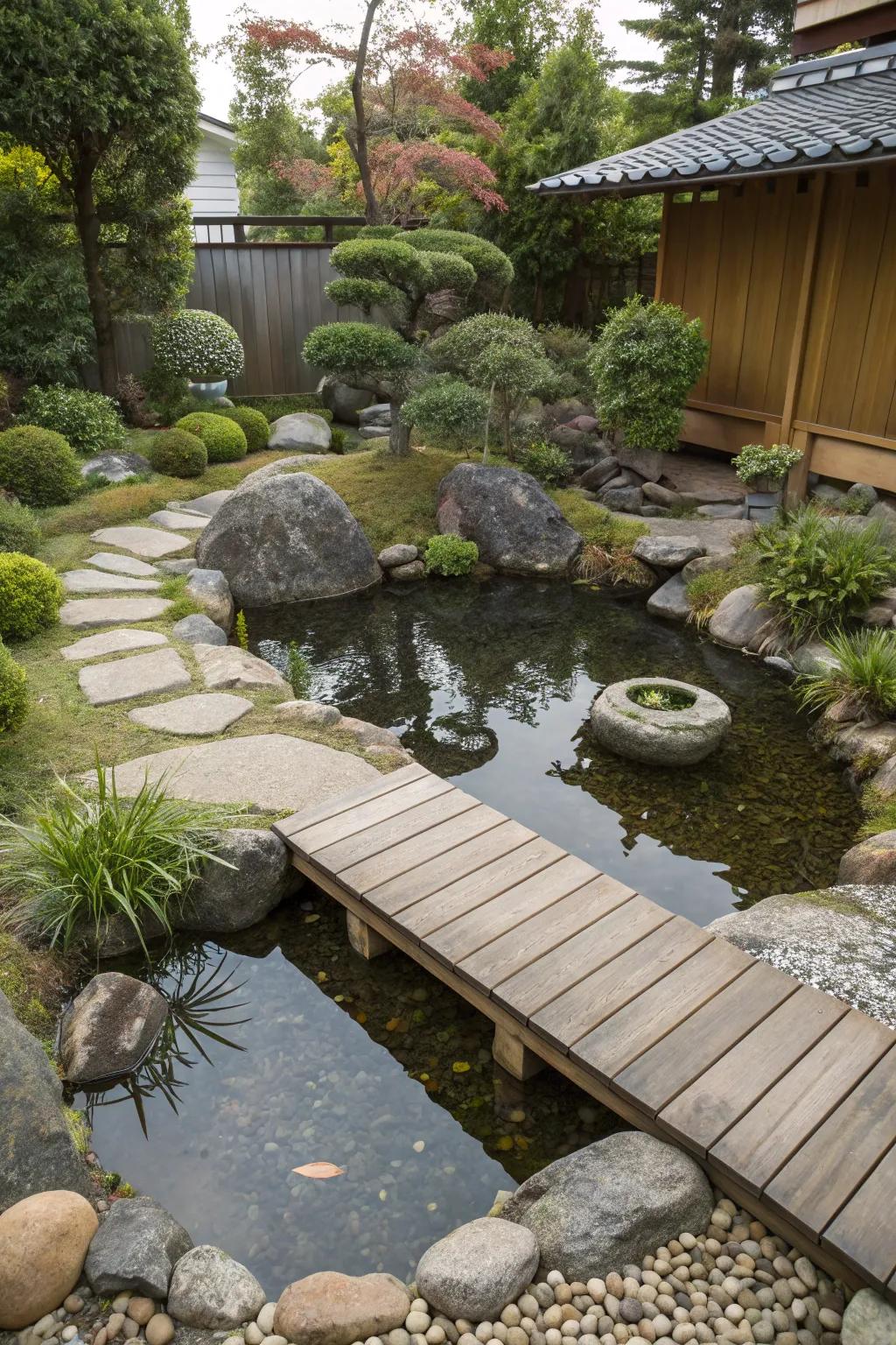 A serene zen container pond within a backyard environment.