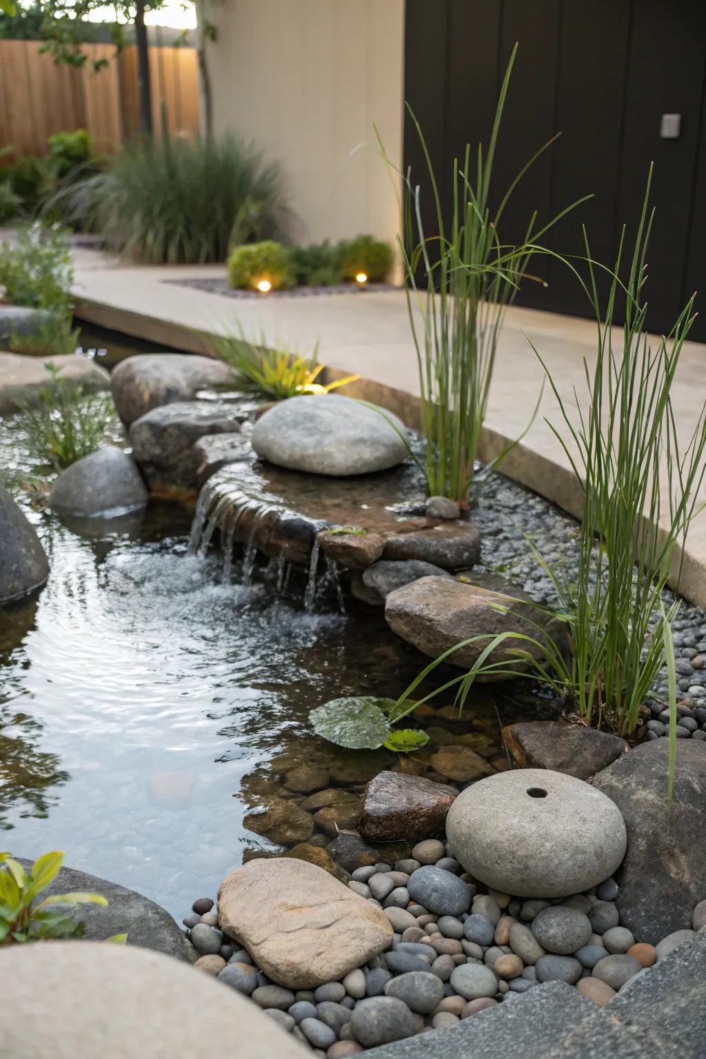 Zen-inspired schematics channel tranquility and simpleness into your water course.