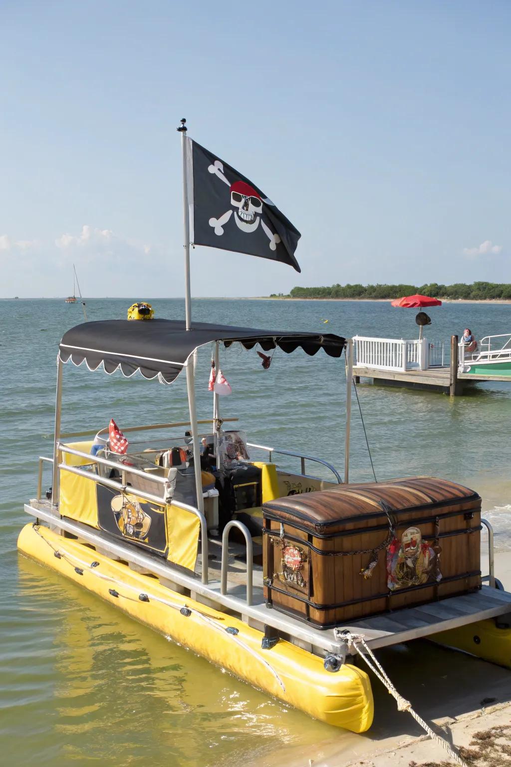 Pirate pontoon ready for adventure with flags and treasure.