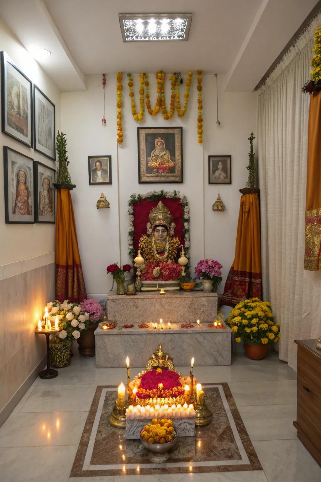 Divine statues are the focal point, which helps to direct the spiritual energy in the pooja room.