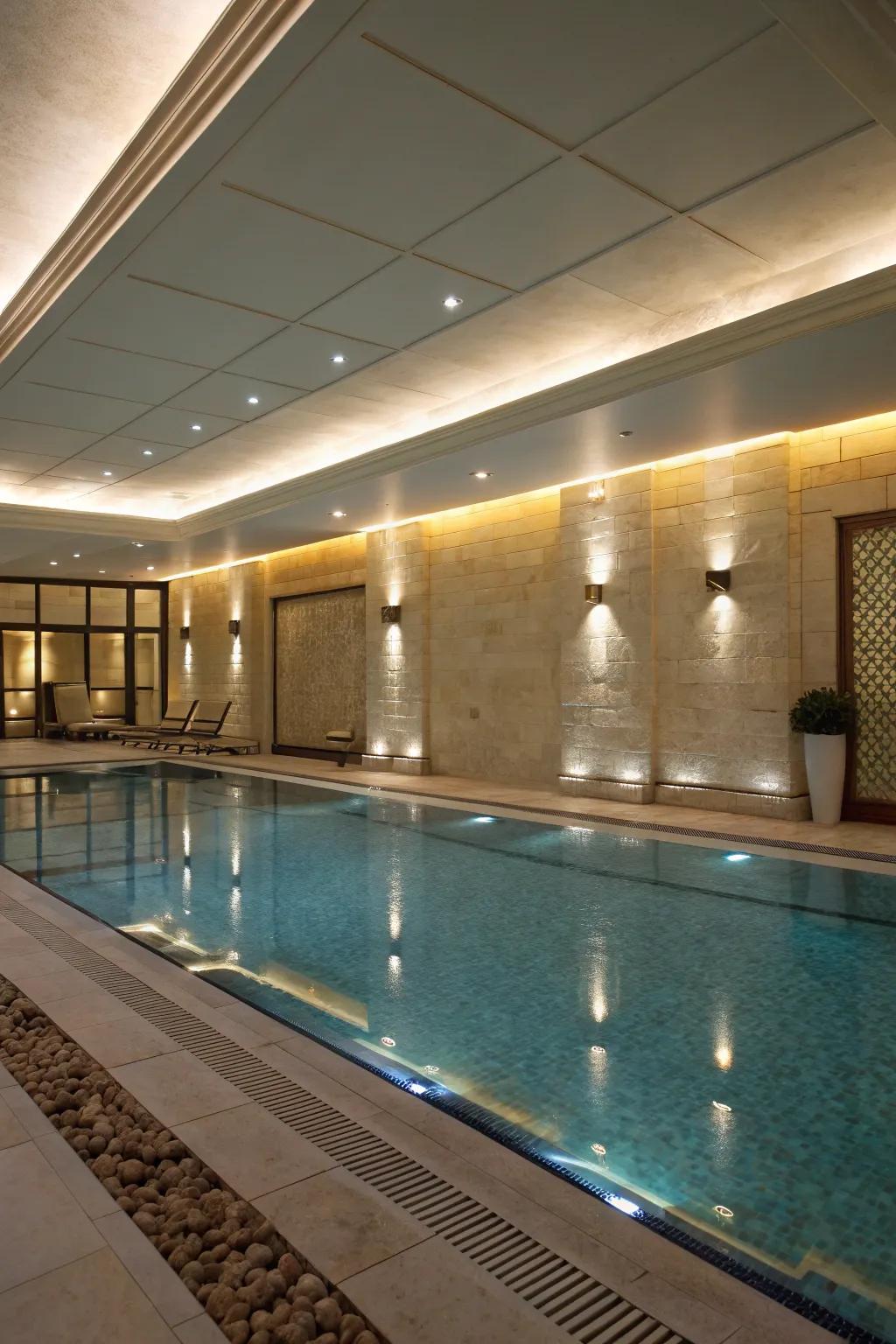 Under-cap lighting introduces a delicate elegance to walls near the pool.