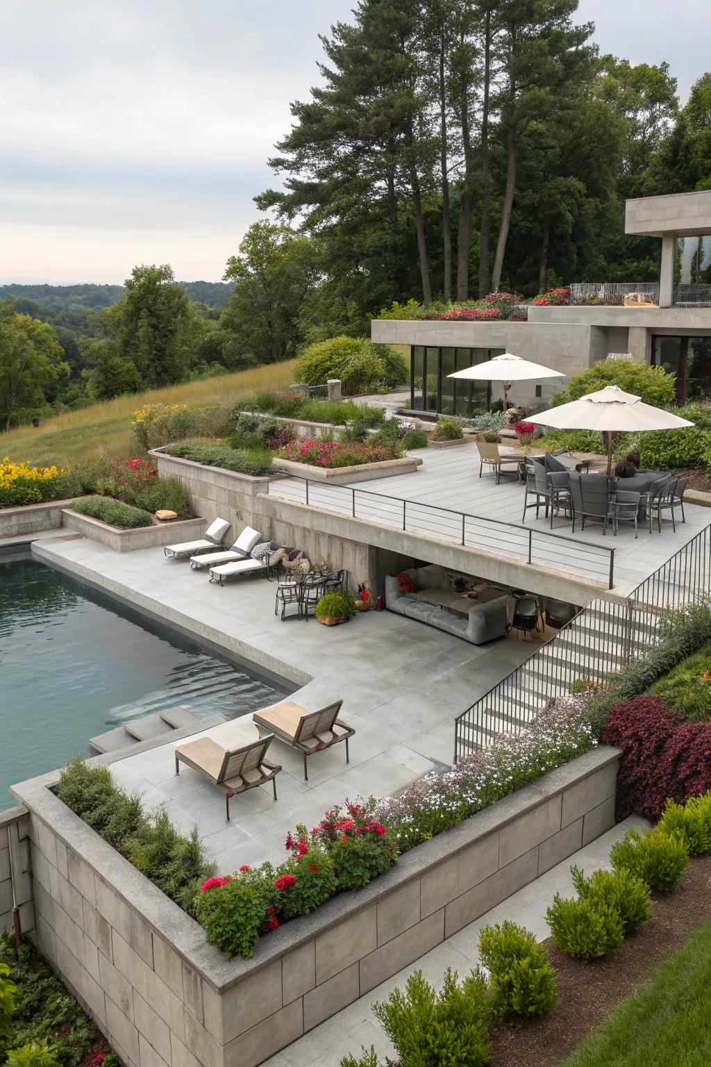 Multi-level decking creates vibrant spaces for relaxing and entertaining.