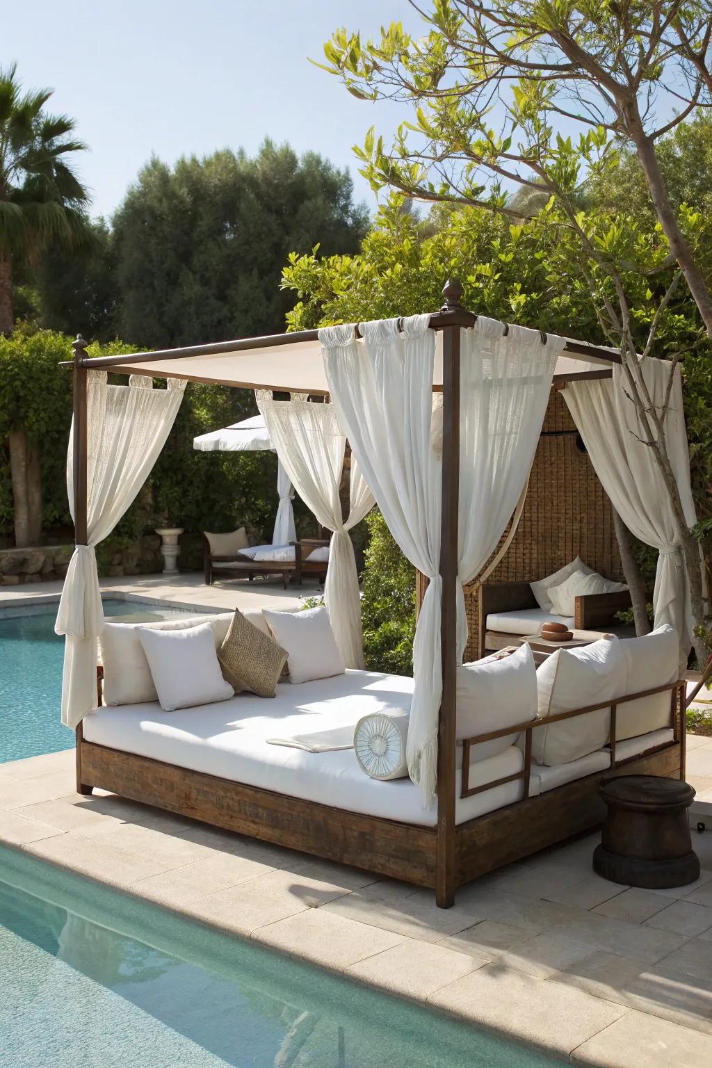 Poolside daybeds offer a luxurious haven for relaxation.
